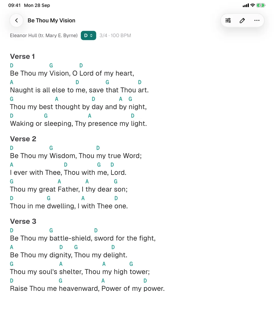 A chord chart on stage on iPad, in light mode
