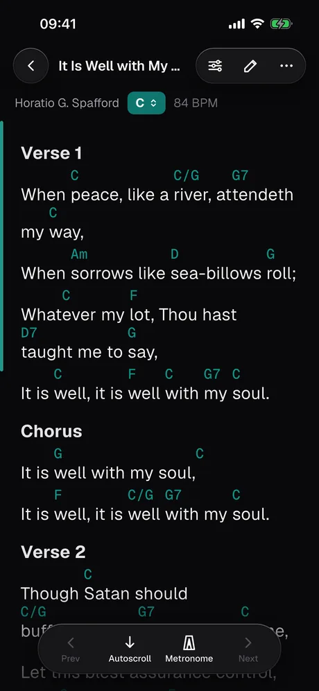 A chord chart on iPhone, in dark mode